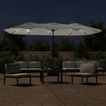 Umbrelă de grădină cu două capete/LED, alb nisipiu, 449×245 cm
