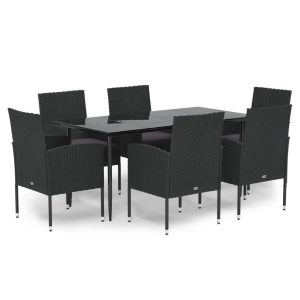 Set mobilier de grădină cu perne, 7 piese, negru, poliratan