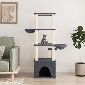 Ansamblu pisici cu stâlpi din funie sisal, gri închis, 147 cm