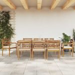 Set mobilier grădină cu perne albe, 9 piese, lemn masiv de tec