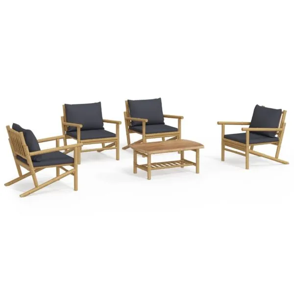 Set mobilier de grădină cu perne gri închis, 5 piese, bambus