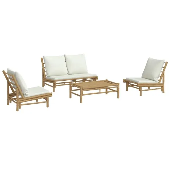 Set mobilier de grădină, cu perne alb crem, 4 piese, bambus