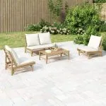 Set mobilier de grădină, cu perne alb crem, 4 piese, bambus