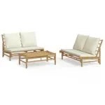 Set mobilier de grădină, cu perne alb crem, 3 piese, bambus