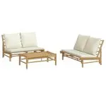 Set mobilier de grădină, cu perne alb crem, 3 piese, bambus