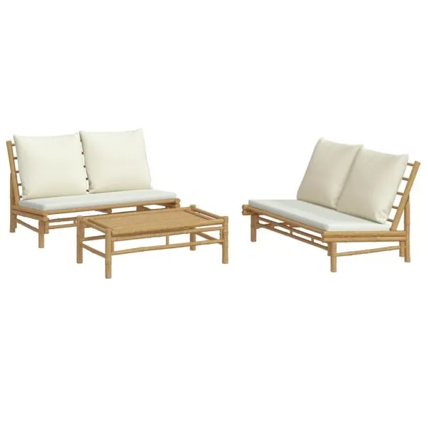Set mobilier de grădină, cu perne alb crem, 3 piese, bambus