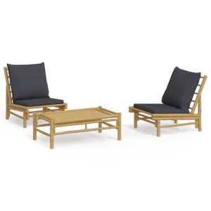 Set mobilier de grădină, perne gri închis, 3 piese, bambus
