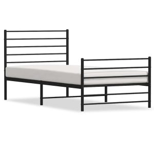 Cadru pat metalic cu tăblii de cap/picioare, negru, 107×203 cm