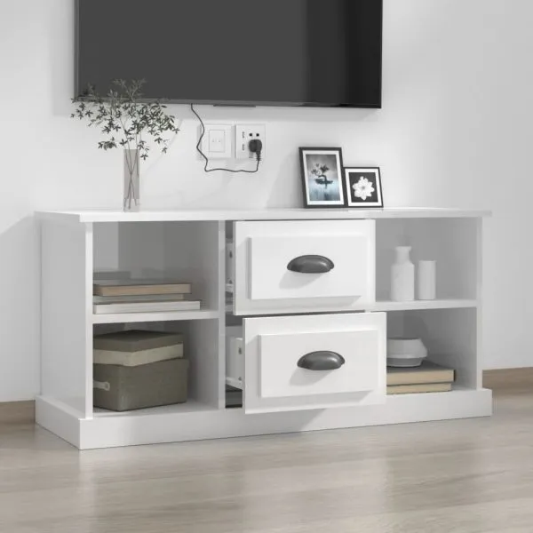 Comodă TV, alb extralucios, 99,5×35,5×48 cm, lemn prelucrat