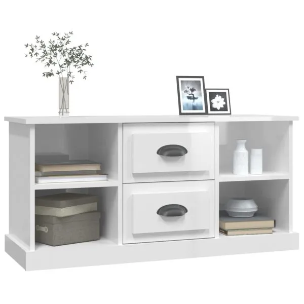 Comodă TV, alb extralucios, 99,5×35,5×48 cm, lemn prelucrat