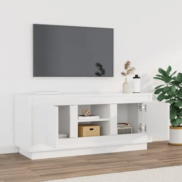 Comodă TV, alb extralucios, 102x35x45 cm, lemn prelucrat