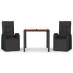 Set masă pentru grădină, 3 piese, negru, poliratan/lemn acacia