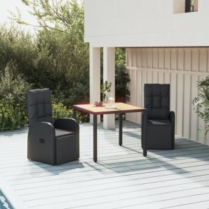 Set masă pentru grădină, 3 piese, negru, poliratan/lemn acacia
