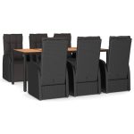 Set masă pentru grădină, 7 piese, negru, poliratan/lemn acacia