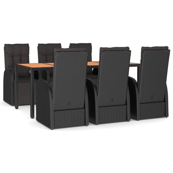 Set masă pentru grădină, 7 piese, negru, poliratan/lemn acacia
