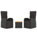 Set șezlonguri grădină, 3 piese, negru, poliratan&lemn acacia