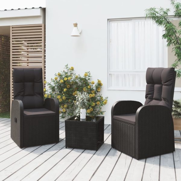 Set șezlonguri grădină, 3 piese, negru, poliratan&oțel