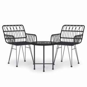 Set mobilier de grădină, 3 piese, negru, poliratan