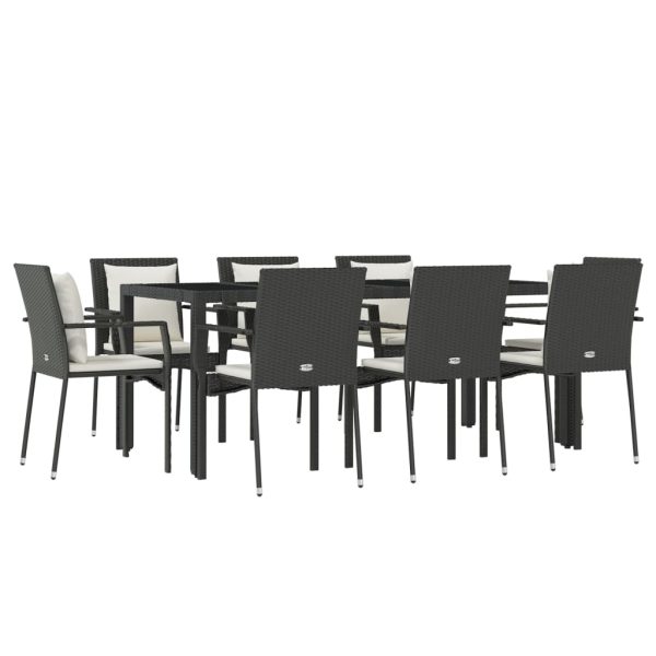 Set mobilier de grădină cu perne, 9 piese, negru, poliratan