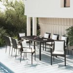Set mobilier de grădină cu perne, 9 piese, negru, poliratan
