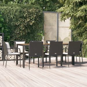 Set mobilier de grădină cu perne, 9 piese, negru, poliratan
