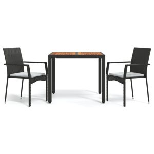 Set mobilier de grădină cu perne, 3 piese, negru, poliratan