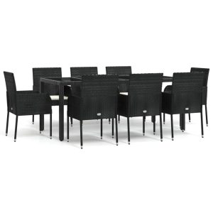 Set mobilier de grădină cu perne, 9 piese, negru, poliratan