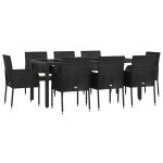 Set mobilier de grădină cu perne, 9 piese, negru, poliratan