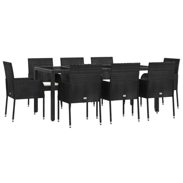 Set mobilier de grădină cu perne, 9 piese, negru, poliratan