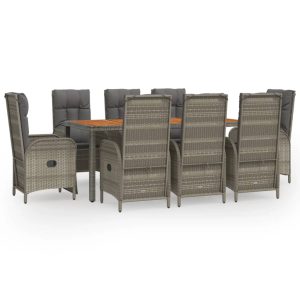 Set mobilier grădină cu perne, 9 piese, gri, poliratan