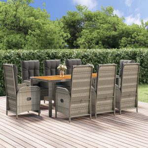 Set mobilier grădină cu perne, 9 piese, gri, poliratan