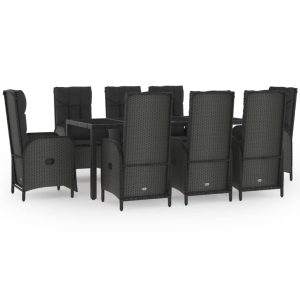 Set mobilier de grădină cu perne, 9 piese, negru, poliratan
