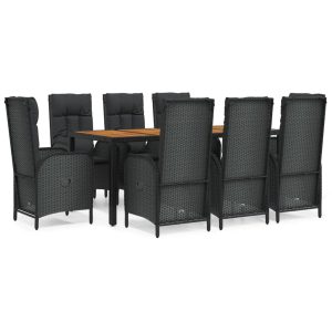Set mobilier de grădină cu perne, 9 piese, negru, poliratan