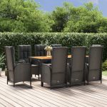 Set mobilier de grădină cu perne, 9 piese, negru, poliratan