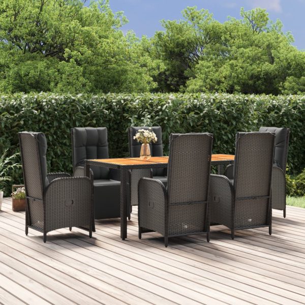 Set mobilier de grădină cu perne, 7 piese, negru, poliratan