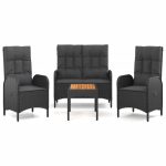 Set mobilier de grădină cu perne, 4 piese, negru, poliratan