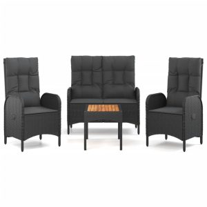 Set mobilier de grădină cu perne, 4 piese, negru, poliratan