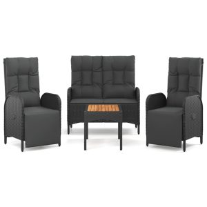 Set mobilier de grădină cu perne, 4 piese, negru, poliratan