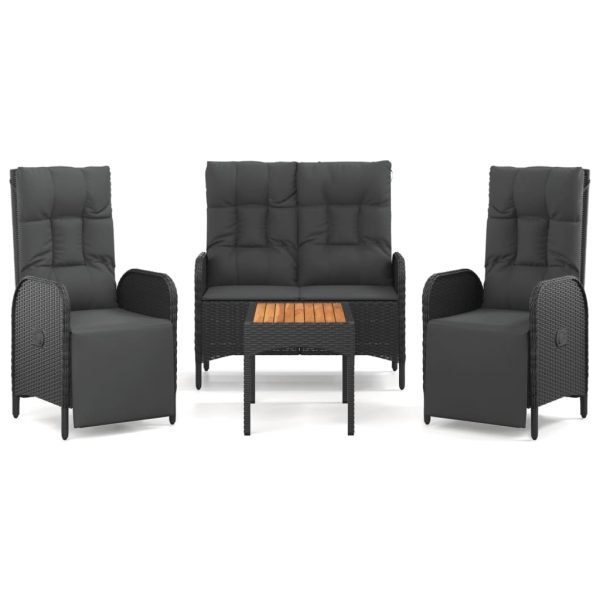 Set mobilier de grădină cu perne, 4 piese, negru, poliratan