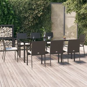 Set mobilier de grădină cu perne, 9 piese, negru, poliratan