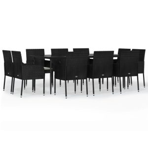 Set mobilier de exterior cu perne, 11 piese, negru, poliratan