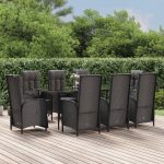 Set mobilier de grădină cu perne, 9 piese, negru, poliratan