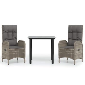 Set mobilier de grădină cu perne, 3 piese, negru/gri, poliratan