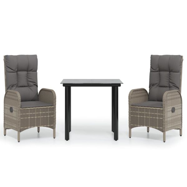 Set mobilier de grădină cu perne, 3 piese, negru/gri, poliratan