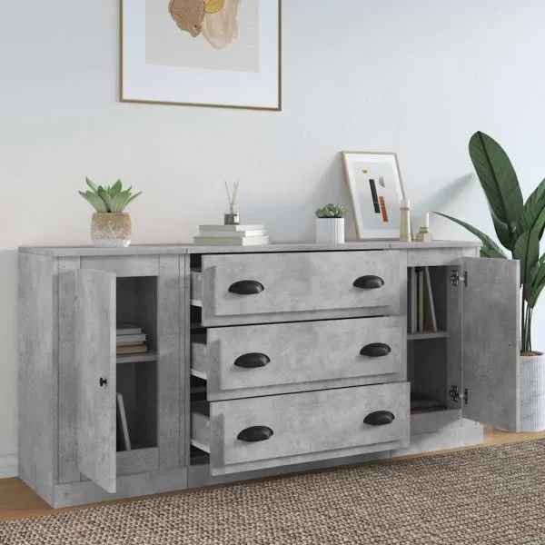 Servante, 3 piese, gri beton, lemn prelucrat