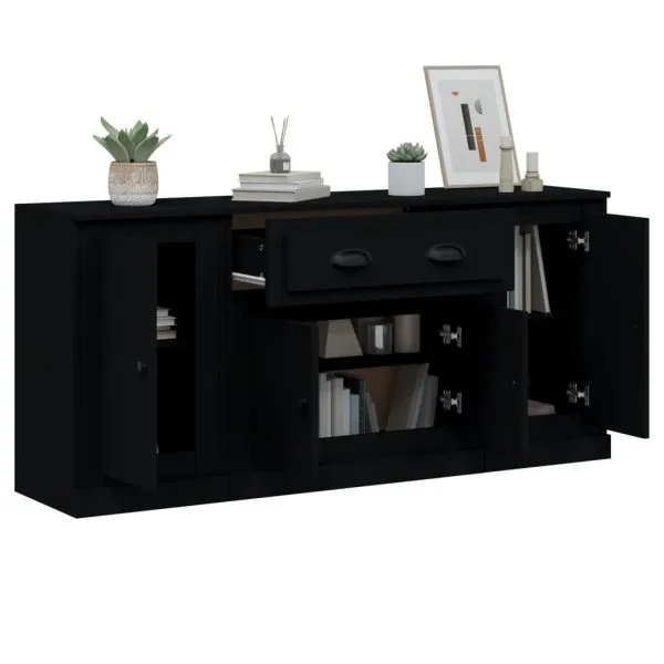 Servante, 3 piese, negru, lemn prelucrat
