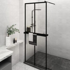 Paravan duș walk-in cu raft negru 80×195 cm sticlă ESG/aluminiu