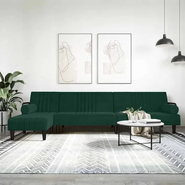 Canapea extensibilă în formă de L verde 260x140x70 cm catifea