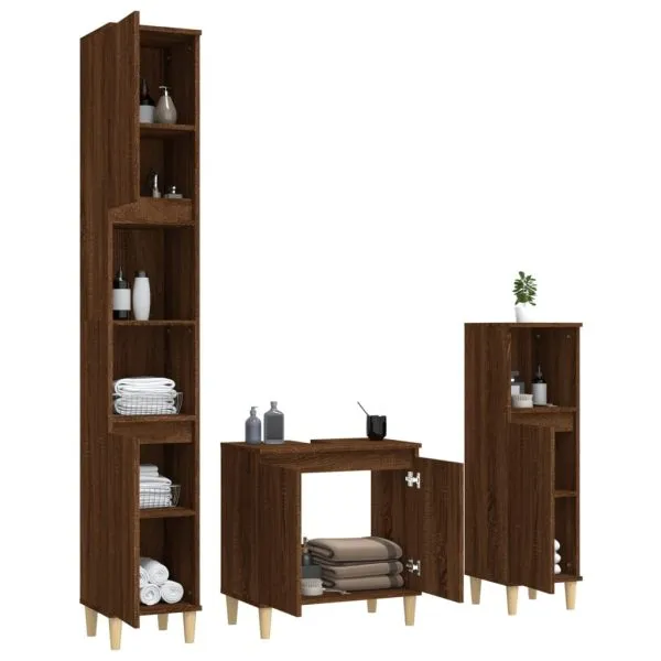 Set mobilier de baie, 3 piese, stejar maro, lemn prelucrat