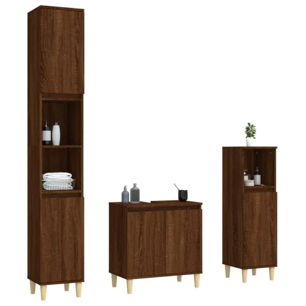Set mobilier de baie, 3 piese, stejar maro, lemn prelucrat